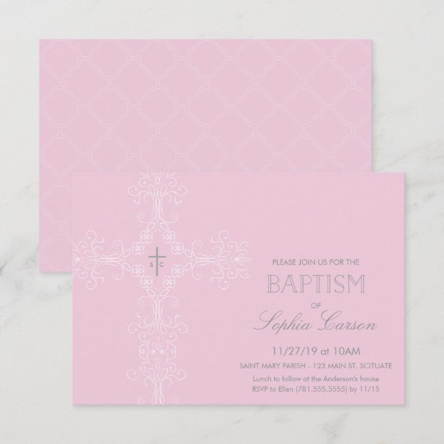 Baby Girl's Baptism Invitation & Elegantes Cross Einladung (Vorne/Hinten)