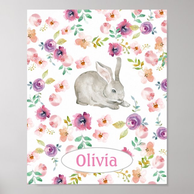 Baby Girl's Bunny w Name Kinderzimmer Floral Water Poster (Vorne)