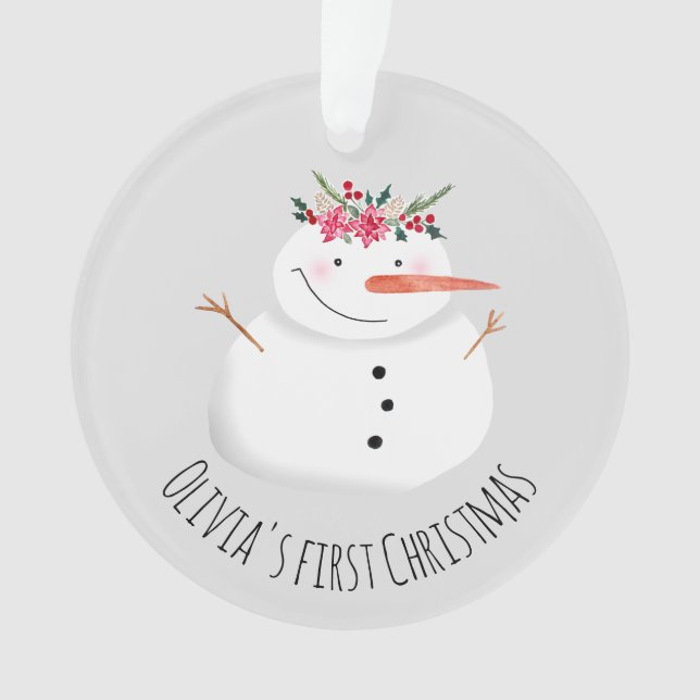 Baby Girls First Christmas Blume Snowman und Name Ornament (Vorderseite)
