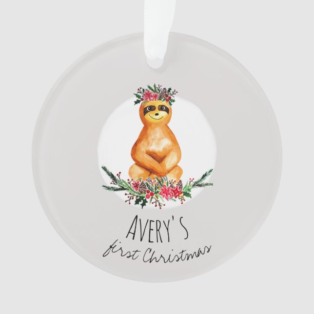 Baby Girl's First Christmas Festive Sloth und Name Ornament (Vorderseite)