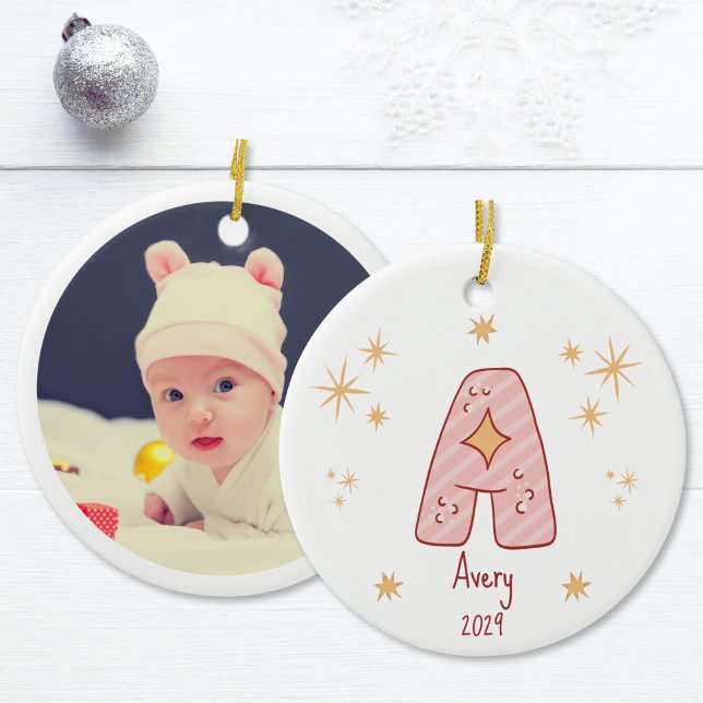 Baby Girl's First Christmas Monogram mit Foto Keramik Ornament (Baby Girl's First Christmas Monogram with Photo Ceramic Ornament)