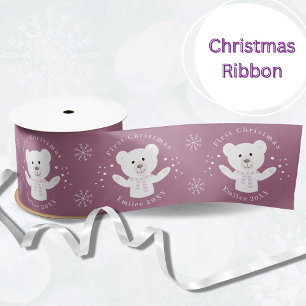 Baby Girls First Christmas Polar Bear Pink Satinband