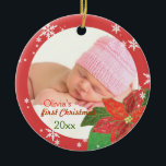 Baby Girl's First Christmas Red Foto Ornaments Keramikornament<br><div class="desc">Elegante Winterpoinsettia Blume & Schneeflocken, die auf kundenspezifischen Foto Keepake Ornaments entworfen wurden. Feiern Sie die schönste Zeit des Jahres, indem Sie Ihre Zuhause mit diesem süßen und hübschen Baby-Ornament dekorieren, das Ihr wertvolles neues Babybild zeigt! Es ist einfach, das Ornament mit Ihrem eigenen Foto und Text zu personalisieren. Der...</div>