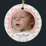 Baby Girl's First Christmas - Tree & Snowflake Keramik Ornament<br><div class="desc">Hellblauer Tree und leicht grüner Snowflake Hintergrund für Baby Girl's First Christmas. Fügen Sie Ihren Neugeborenen Namen und Geburtsdatum hinzu. Ideal für Urlaubsgeschenke oder als Geburtsankündigung versenden. Denken Sie daran,  ein Foto Ihres kleinen auf der Rückseite des Ornaments hinzuzufügen!</div>