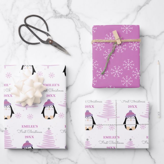 Baby Girls First Christmas Winter Pinguin Pink Geschenkpapier Set (Vorderseite)