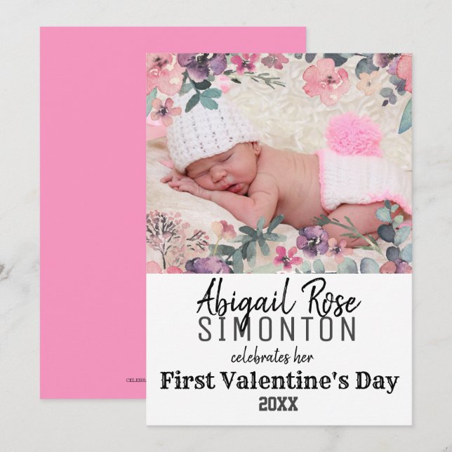 Baby Girl's First Valentine's Day Foto Card Einladung (Vorne/Hinten)