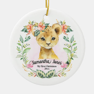 Baby Girl's My First Christmas Watercolor Lion Cub Keramik Ornament
