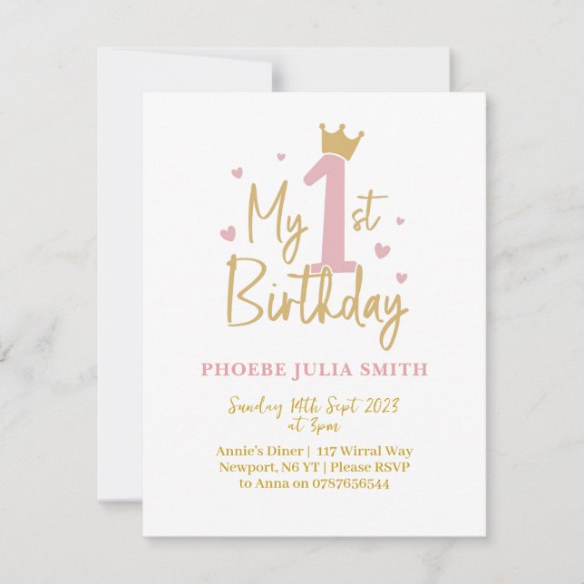 Baby Girls Pink 1. Geburtstag Einladung (Vorderseite)