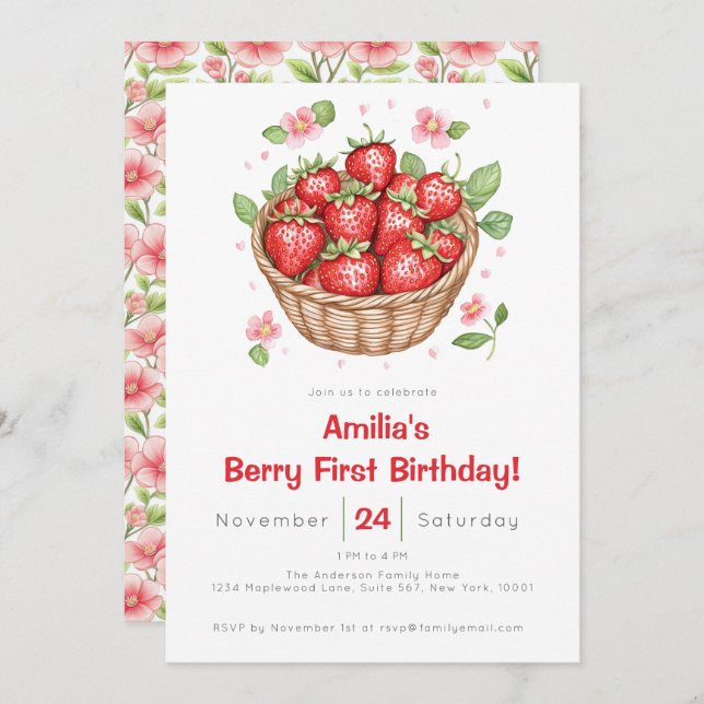 Baby Girls Strawberry Berry First Birthday  Einladung (Vorne/Hinten)