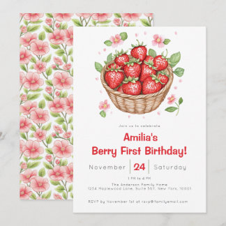 Baby Girls Strawberry Berry First Birthday  Einladung