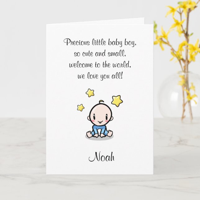 Baby Glückwunschkarte mit Boy's Name & Text. Karte (Gelbe Blume)