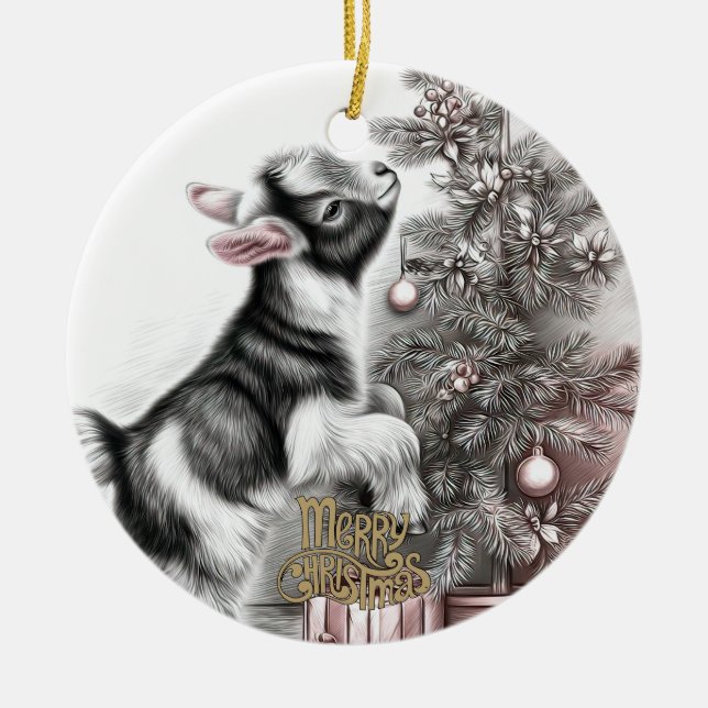 Baby Goat Christmas 10 and YOUR PHOTO Keramik Ornament (Vorne)