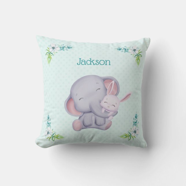 Baby Gray Elephant und Bunny Rabbit Throw Kissen (Vorderseite)
