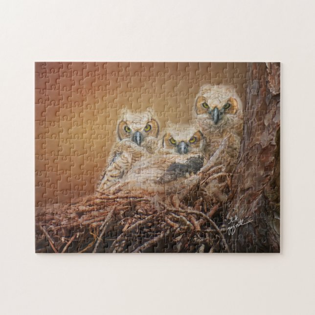 Baby Great Horned Owls Wildlife Fotografy Puzzle (Horizontal)