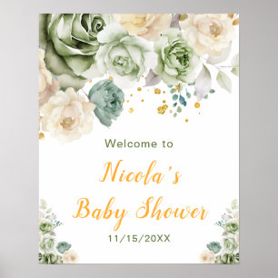Baby Green und Cream Floral Baby Dusche Empfang Poster