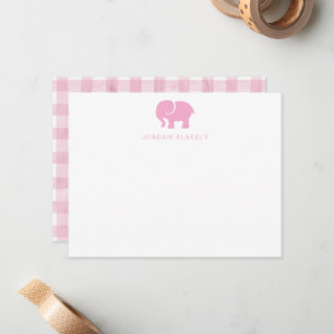 Baby Grußkarte, Hellrosa Elefant Gingham Flach Mitteilungskarte