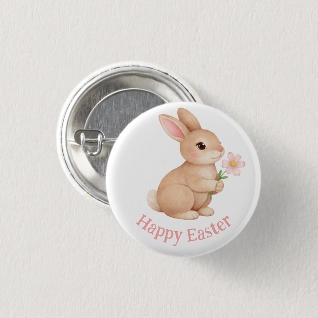 Baby Häschen mit rosa Blume Frohe Ostern Button (Vorne & Hinten)