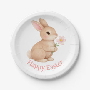Baby Hase mit rosa Blume Frohe Ostern Pappteller