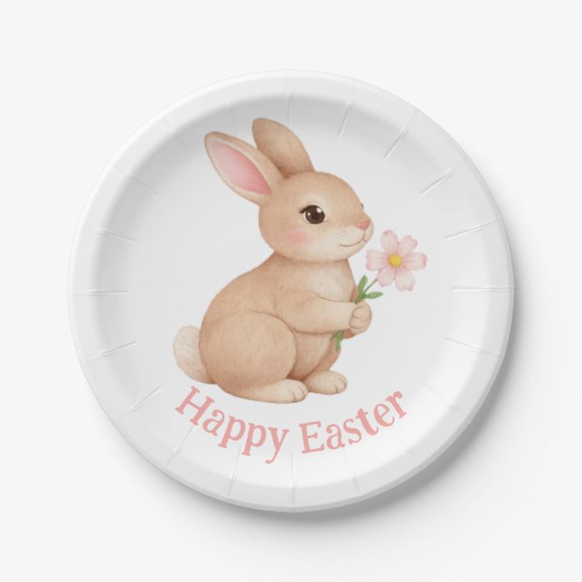 Baby Hase mit rosa Blume Frohe Ostern Pappteller (Vorderseite)