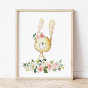 Baby Hase, Waldtiere, Boho, rosa Blumen Poster
