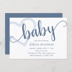 Baby Heart   Dusty Slate Blue Blühe Script Einladung