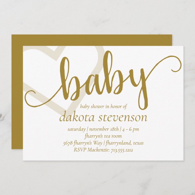 Baby Heart | Elegante Gold Script Dusche oder Reve Einladung (Vorne/Hinten)