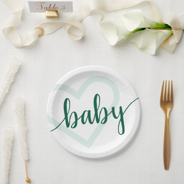 Baby Heart | Hunter Green Simple Blüh Script Pappteller (Hochzeit)