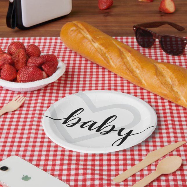 Baby Heart | Klassisches Schwarzes Skript Geblüht Pappteller (Picknick)