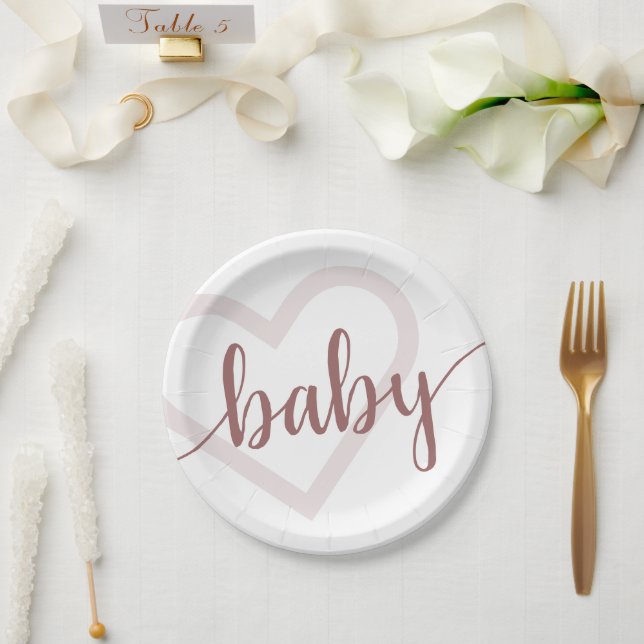 Baby Heart | Wüste Rose Taupe Blühte Skript Pappteller (Hochzeit)