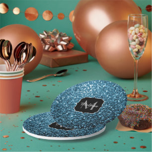 Baby hellblaues falsches Glitter Funkeln Monogramm Pappteller