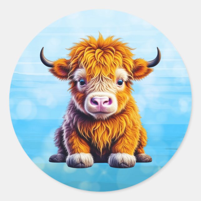 Baby Highland Cow Adorable Ai Art Runder Aufkleber (Vorderseite)