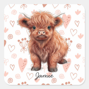Baby Highland Cow Individuelle Name Quadratischer Aufkleber