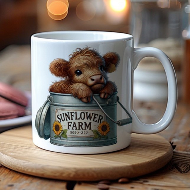 Baby Highland Cow Sunflower Farm Kaffeetasse (Baby Highland cow and sunflowers farm mug)