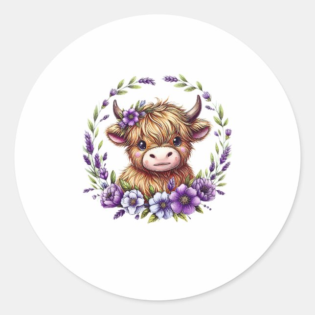 Baby Highland Kuh mit violetten Blumen Schottische Runder Aufkleber (Vorderseite)