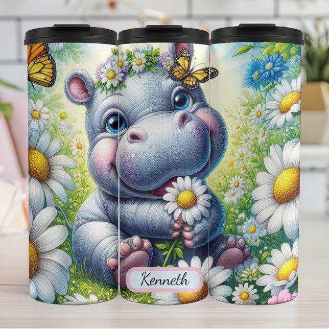 Baby Hippo in Blume Wiese mit Schmetterlingen Thermosbecher (Von Creator hochgeladen)