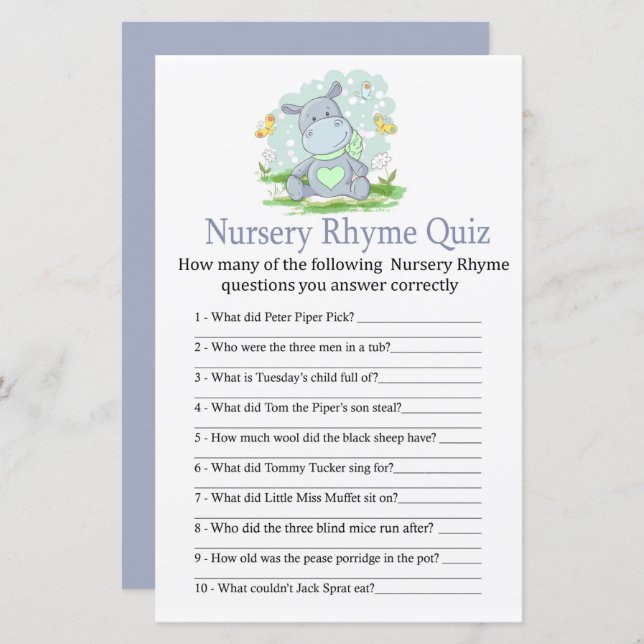 Baby Hippo Kinderzimmer Rhyme Quiz Babyduschenspie (Vorne/Hinten)