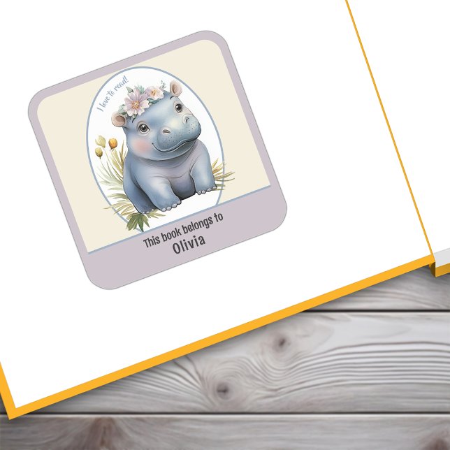 Baby Hippo Niedlich I Liebe Buchzeichen Aufkleber  (Baby Hippo Cute I Love To Read Bookplate Sticker. Personalize this sticker for your child.)