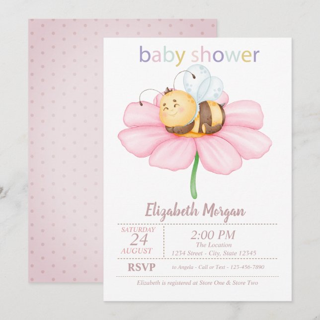 Baby Honey Bee Blume Dots Baby Shower Einladung (Vorne/Hinten)