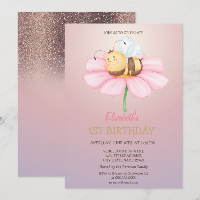 Baby Honey Bee Glitzer Birthday Einladung (Vorne/Hinten)
