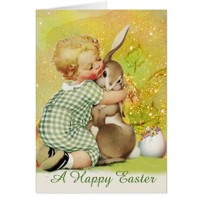 BABY HUGGGING EASTER BUNNY IN GOLD YELLOW GLITZERN (Vorne)