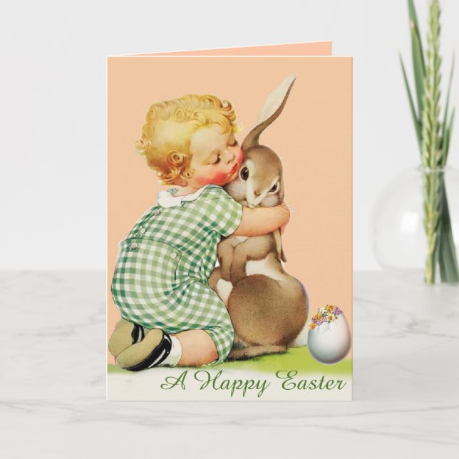 BABY HUGGING EASTER BUNNY, Pink Feiertagskarte (Vorderseite)