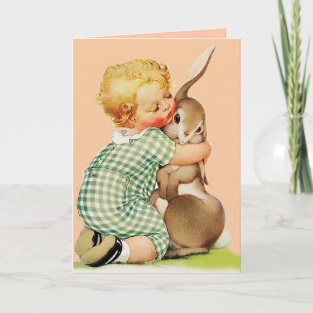 BABY HUGGING EASTER BUNNY, Pink Feiertagskarte (Vorderseite)