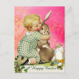 BABY HUGGING OSTERBUNNY IN PINK FUCHSIA GLITZERN FEIERTAGSPOSTKARTE