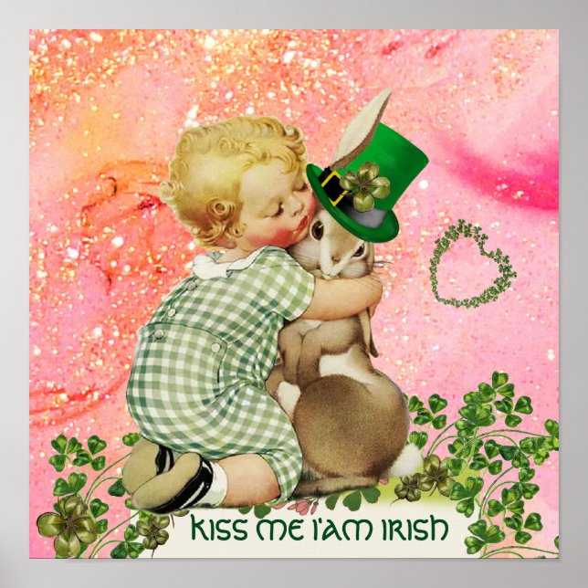 BABY HUGGING RABBIT St.Patrick's Day, Pink Floral Poster (Vorne)