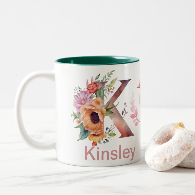 Baby Hund Foto Name Letter K Floral Monogram Bird Zweifarbige Tasse (Mit Donut)