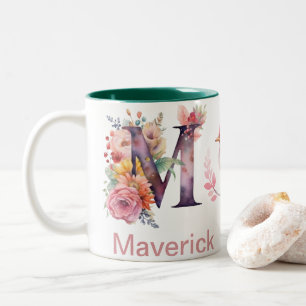 Baby Hund Foto Name Letter M Floral Monogram Bird Zweifarbige Tasse