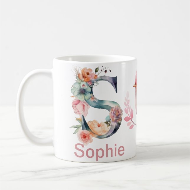 Baby Hund Foto Name Letter S Floral Monogram Bird Kaffeetasse (Links)