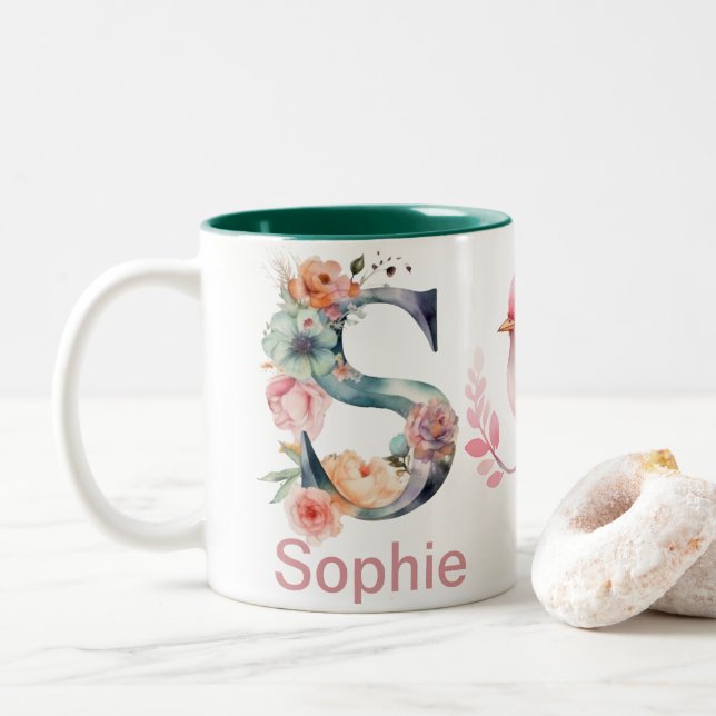 Baby Hund Foto Name Letter S Floral Monogram Bird Zweifarbige Tasse (Mit Donut)