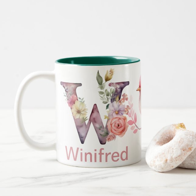 Baby Hund Foto Name Letter W Floral Monogram Bird Zweifarbige Tasse (Mit Donut)