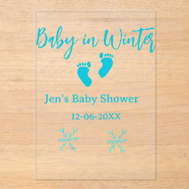 Baby im Winter duschen blaue Babyfüße Schneeflocke Acryleinladungen